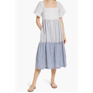 Madewell Patchwork Gingham Button Front Tiered Midi Dress size XL
